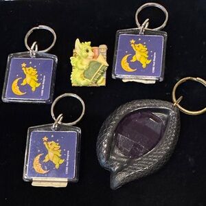 Lot of 3 Pocket Dragon Keychains, “Favorite Book” Brooch & a Dragon Eye Keychain